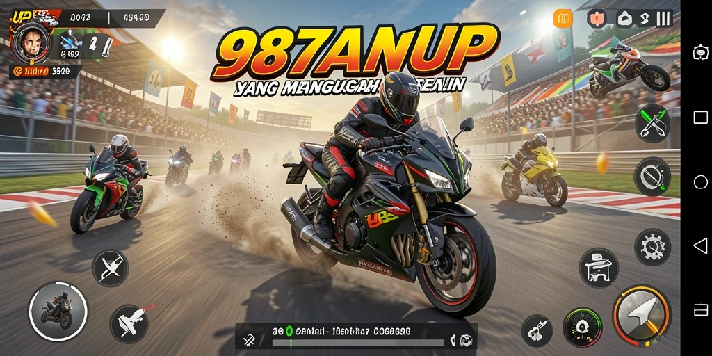 Screenshot gameplay 987UP menampilkan aksi balapan motor yang mendebarkan.