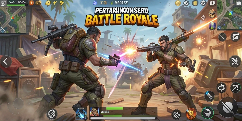 Screenshot MPO1221 menampilkan aksi pertempuran yang mendebarkan dalam game Battle Royale.