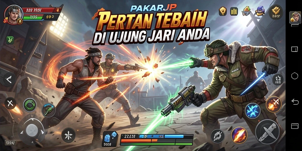 Tangkapan layar utama PAKARJP menunjukkan karakter yang beraksi dalam pertarungan seru.