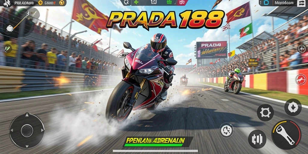 Screenshot gameplay PRADA188 menampilkan aksi balapan mendebarkan dengan motor yang keren.